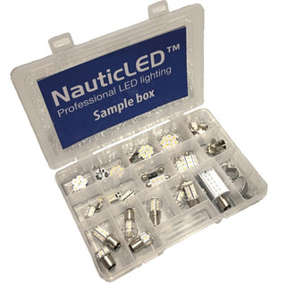 NauticLed provsortimentsbox med 36 LED-lampor och adapter